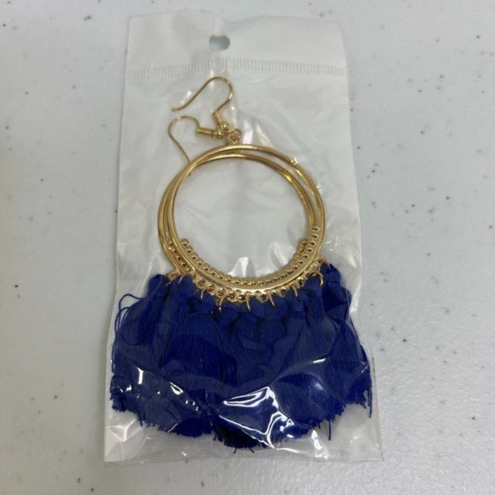 Fringe Earrings Blue Gold Tone Chandelier Dangle Boho Big Statement‎ String New,